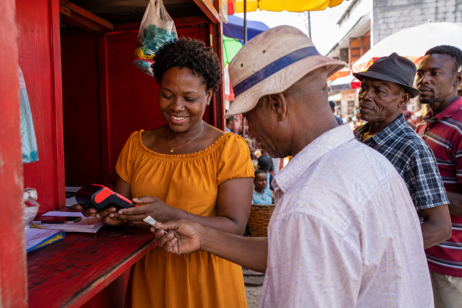 Agent haïtien vendant des tickets de loterie avec un terminal POS